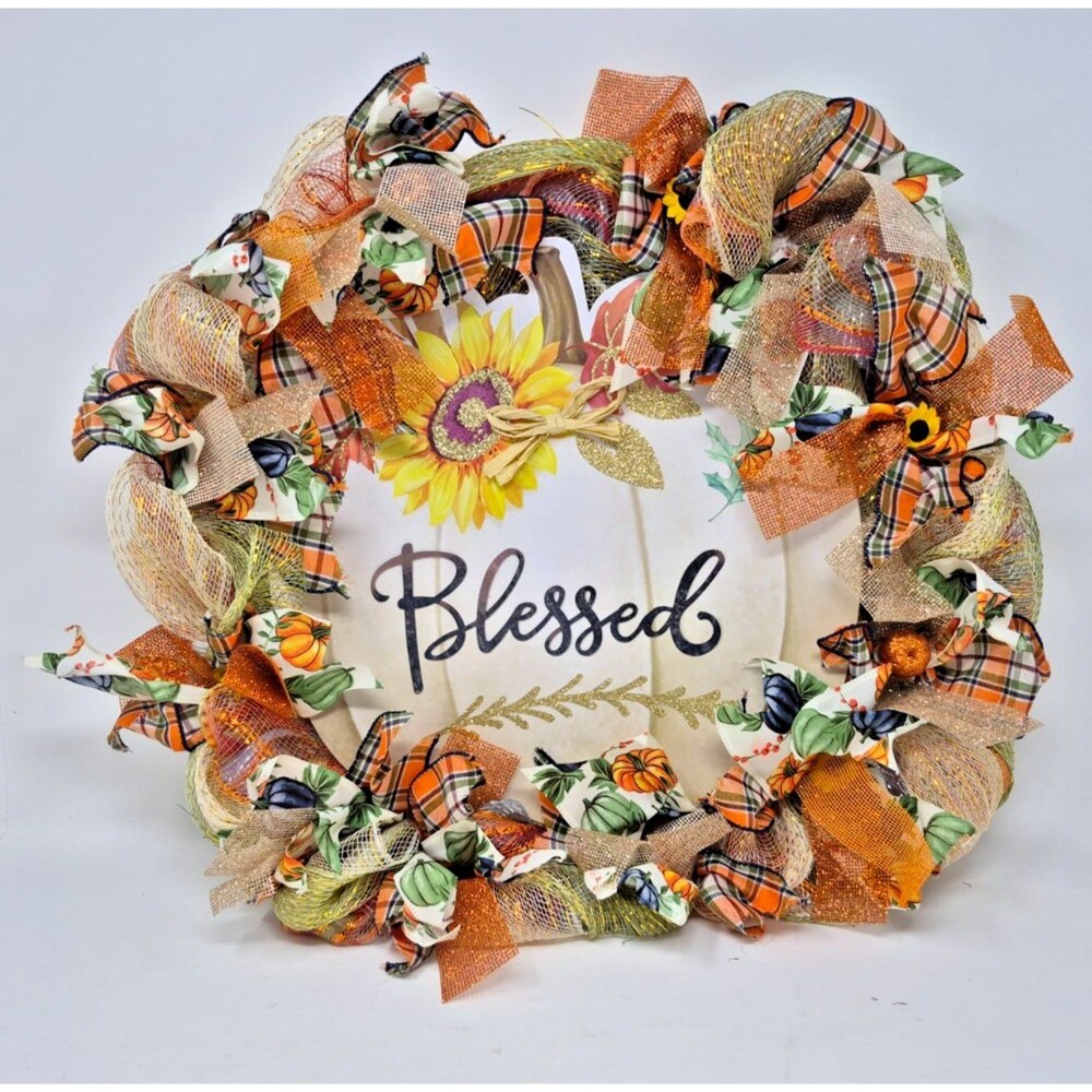 Blessed Fall Wreath Large Deco Mesh Front Door Autumn Pumpkin Decoration